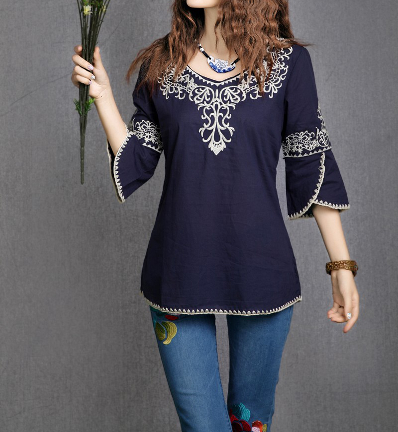 Hot-Summer-Women-Retro-Ethnic-Style-Flower-Embroidery-V-Neck-34-Sleeve-Loose-Pleated-Mini-Dress-32445839696