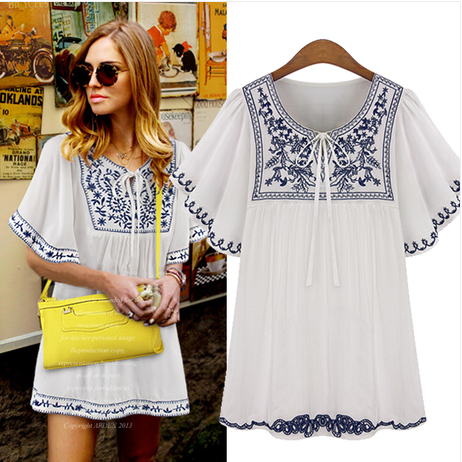 Hot-Summer-Women-Retro-Ethnic-Style-Flower-Embroidery-V-Neck-34-Sleeve-Loose-Pleated-Mini-Dress-32445839696