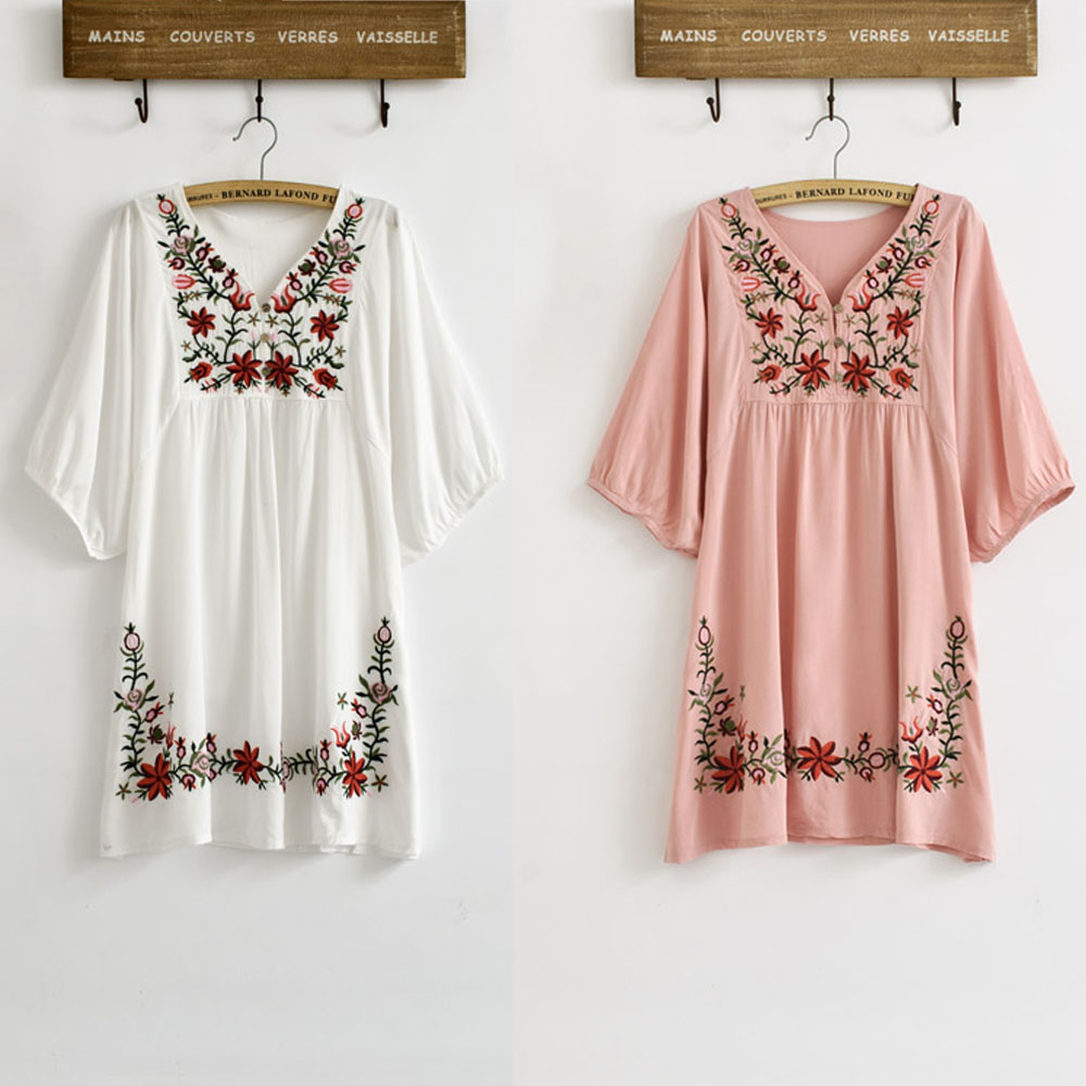 Hot-Summer-Women-Retro-Ethnic-Style-Flower-Embroidery-V-Neck-34-Sleeve-Loose-Pleated-Mini-Dress-32445839696