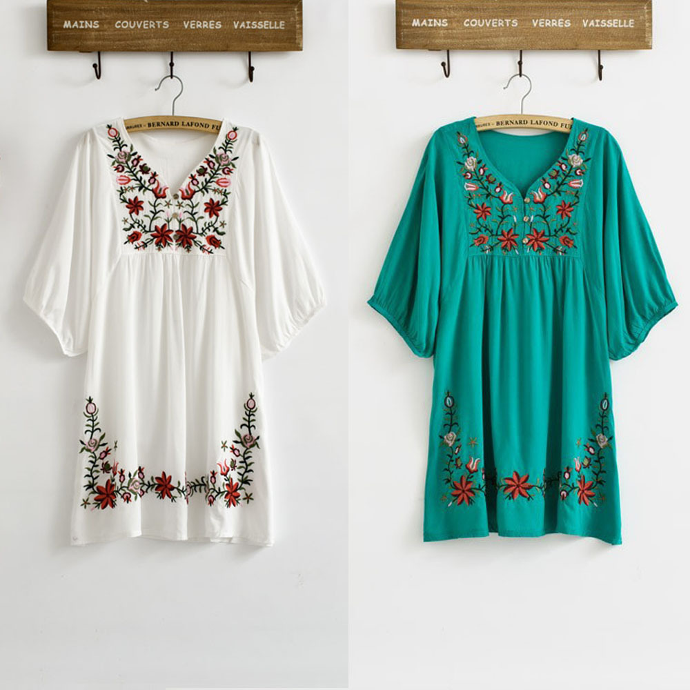 Hot-Summer-Women-Retro-Ethnic-Style-Flower-Embroidery-V-Neck-34-Sleeve-Loose-Pleated-Mini-Dress-32445839696