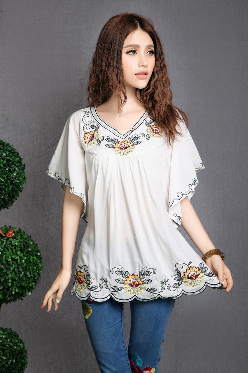 Hot-Summer-Women-Retro-Ethnic-Style-Flower-Embroidery-V-Neck-34-Sleeve-Loose-Pleated-Mini-Dress-32445839696