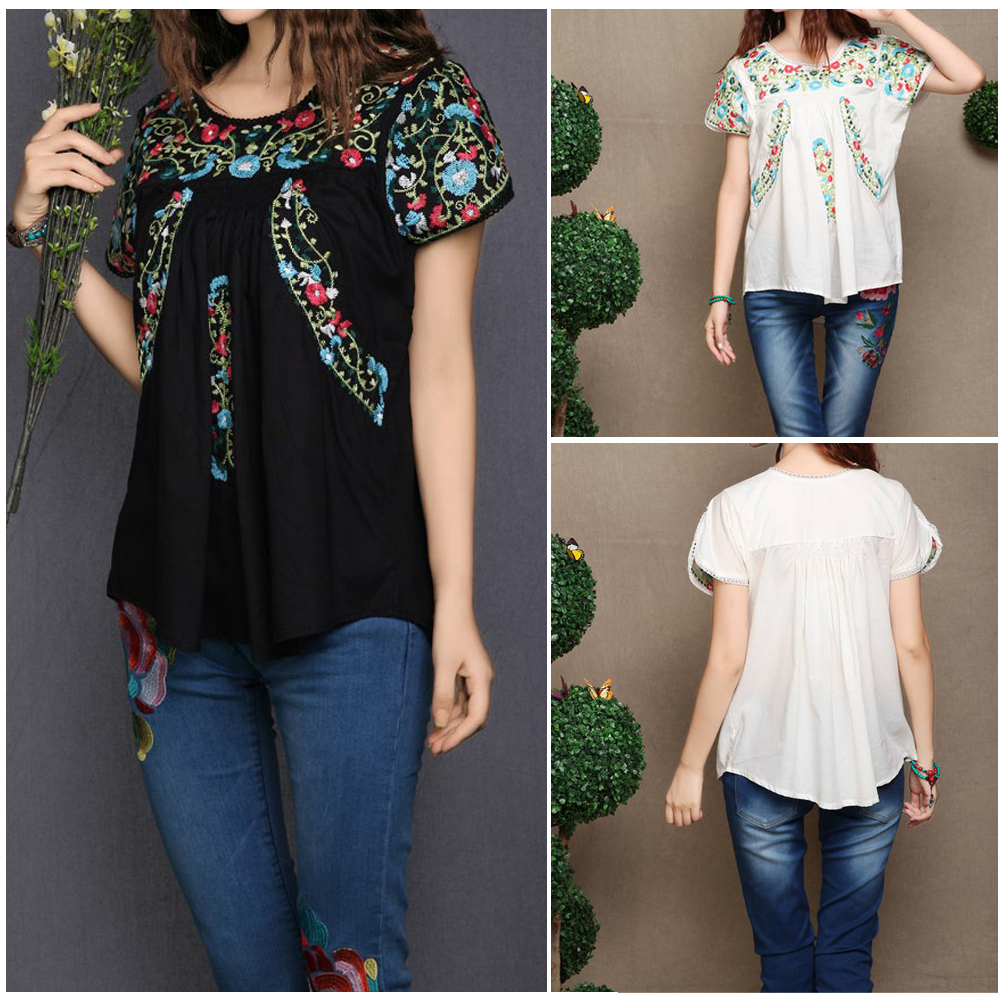 Hot-Summer-Women-Retro-Ethnic-Style-Flower-Embroidery-V-Neck-34-Sleeve-Loose-Pleated-Mini-Dress-32445839696