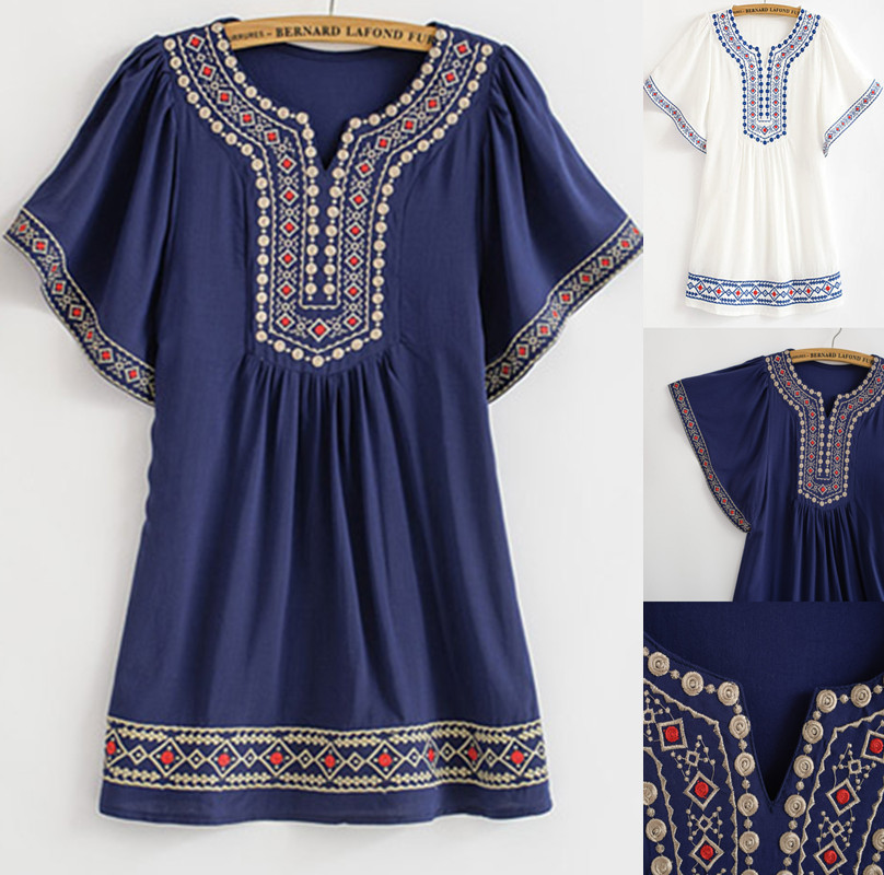 Hot-Summer-Women-Retro-Ethnic-Style-Flower-Embroidery-V-Neck-34-Sleeve-Loose-Pleated-Mini-Dress-32445839696