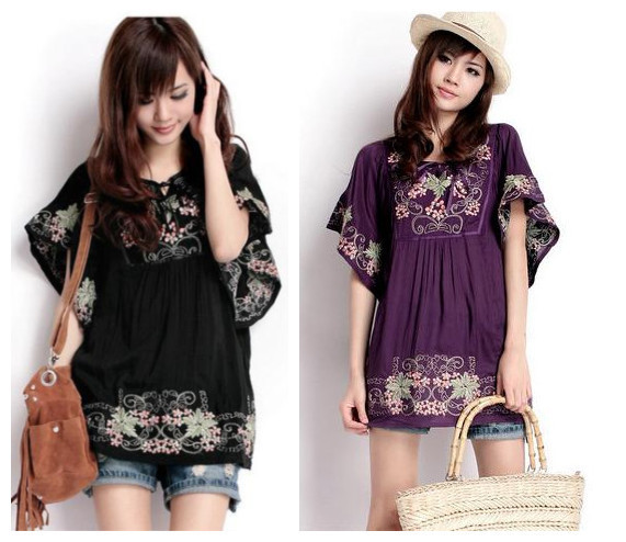 Hot-Summer-Women-Retro-Ethnic-Style-Flower-Embroidery-V-Neck-34-Sleeve-Loose-Pleated-Mini-Dress-32445839696