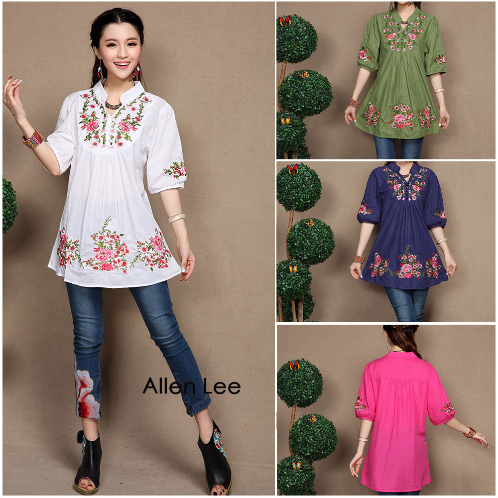 Hot-Summer-Women-Retro-Ethnic-Style-Flower-Embroidery-V-Neck-34-Sleeve-Loose-Pleated-Mini-Dress-32445839696