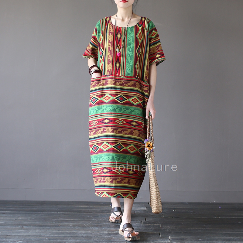 Johnature-2018-New-National-Original-Design-Short-Sleeve-Dress-Geometric-Stripes-Pocket-Design-Loose-32783207507