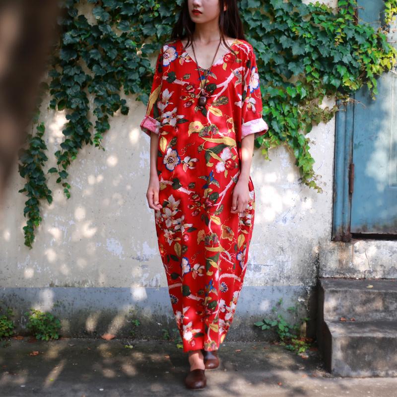 Johnature-Floral-Flower-Pint-V-neck-Cotton-Linen-Vintage-Dress-Three-Quarter-Sleeve-Women-Plus-Size--32680335422