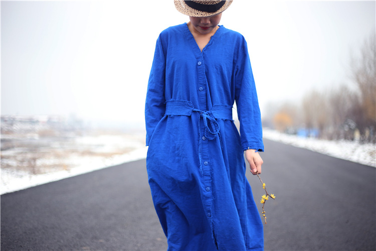 Johnature-Women-Blue-Dress-Cotton-Linen-Button-2018-Autumn-Casual-Vintage-Loose-Belt-V-Neck-Robes-Br-32795827455