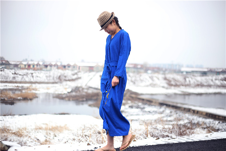 Johnature-Women-Blue-Dress-Cotton-Linen-Button-2018-Autumn-Casual-Vintage-Loose-Belt-V-Neck-Robes-Br-32795827455