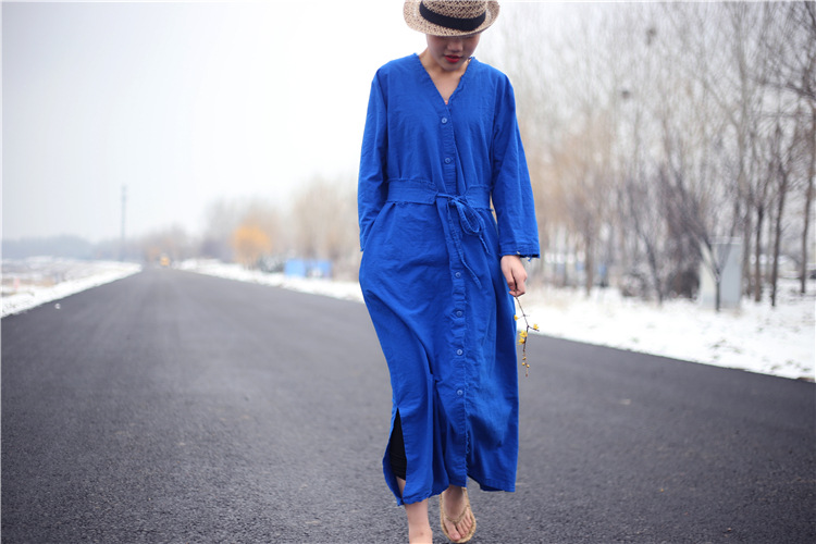 Johnature-Women-Blue-Dress-Cotton-Linen-Button-2018-Autumn-Casual-Vintage-Loose-Belt-V-Neck-Robes-Br-32795827455