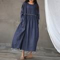 Johnature-Women-Blue-Dress-Cotton-Linen-Button-2018-Autumn-Casual-Vintage-Loose-Belt-V-Neck-Robes-Br-32795827455