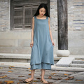 Johnature-Women-Blue-Dress-Cotton-Linen-Button-2018-Autumn-Casual-Vintage-Loose-Belt-V-Neck-Robes-Br-32795827455