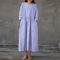 Johnature-Women-Blue-Dress-Cotton-Linen-Button-2018-Autumn-Casual-Vintage-Loose-Belt-V-Neck-Robes-Br-32795827455