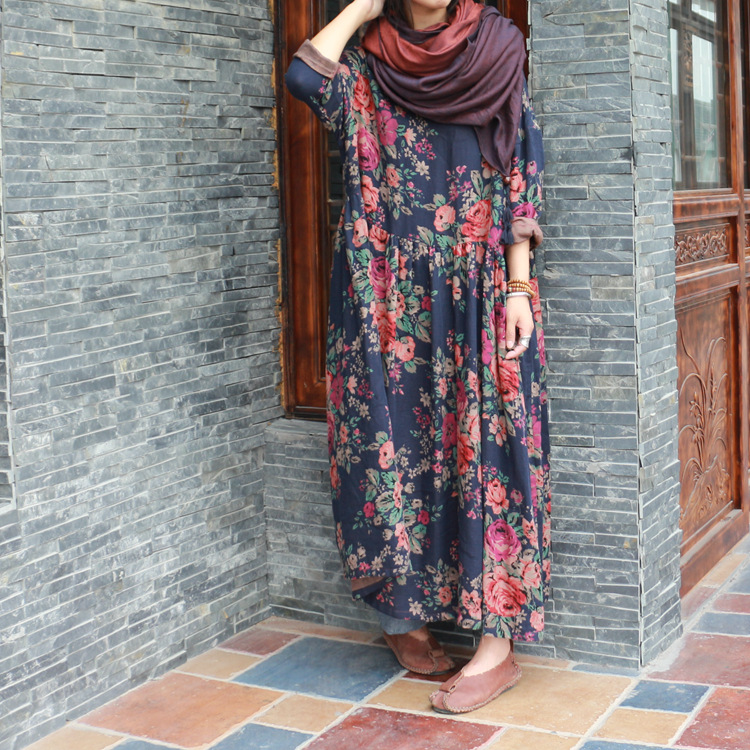 Johnature-Women-Floral-Maxi-Dress-Vintage-Long-Sleeve-Double-Cotton-Warm-Loose-2018-Fall-Winter-New--32751659016