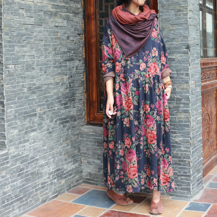 Johnature-Women-Floral-Maxi-Dress-Vintage-Long-Sleeve-Double-Cotton-Warm-Loose-2018-Fall-Winter-New--32751659016