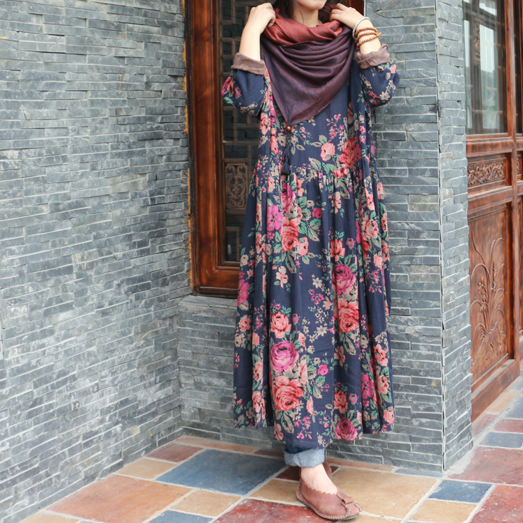 Johnature-Women-Floral-Maxi-Dress-Vintage-Long-Sleeve-Double-Cotton-Warm-Loose-2018-Fall-Winter-New--32751659016