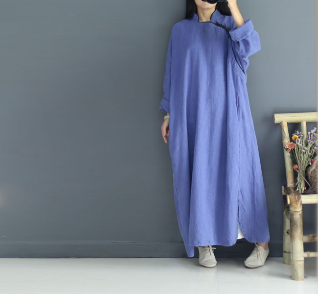 Johnature-Women-Maxi-Dress-Vintage-Robes-2018-Autumn-New-Loose-Cotton-Linen-Stand-Button-2-Colour-Ch-32713859919