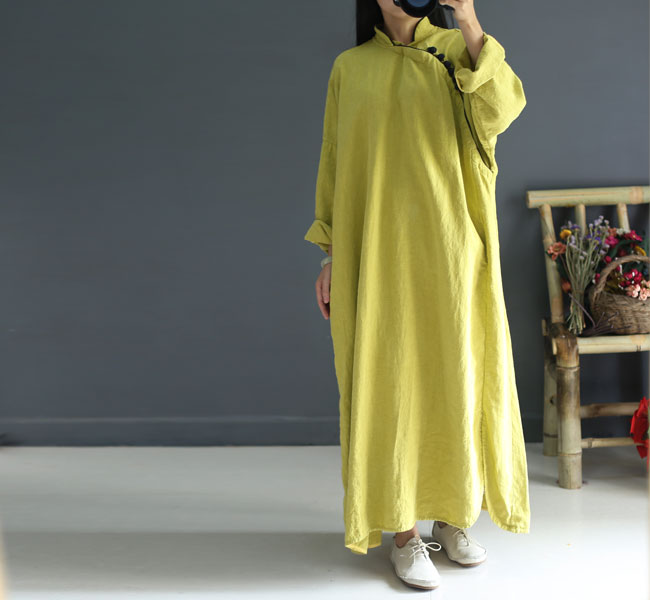 Johnature-Women-Maxi-Dress-Vintage-Robes-2018-Autumn-New-Loose-Cotton-Linen-Stand-Button-2-Colour-Ch-32713859919