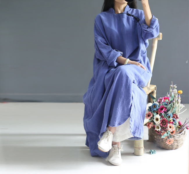 Johnature-Women-Maxi-Dress-Vintage-Robes-2018-Autumn-New-Loose-Cotton-Linen-Stand-Button-2-Colour-Ch-32713859919