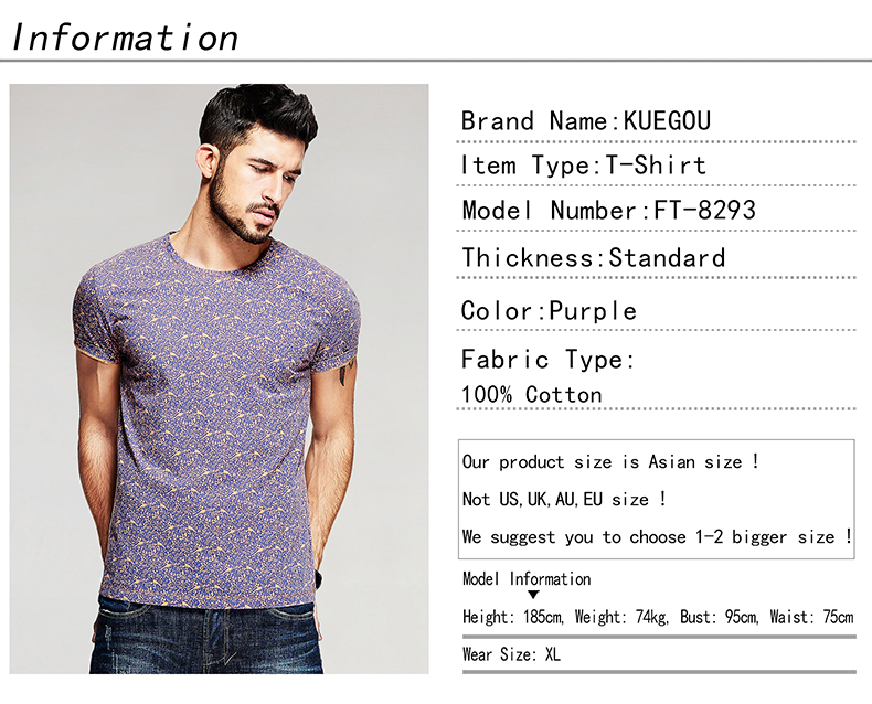 KUEGOU-Summer-Mens-100-Cotton-T-Shirts-Purple-Flower-Bird-Print-Brand-Clothing-Man39s-Short-Sleeve-S-32663966322