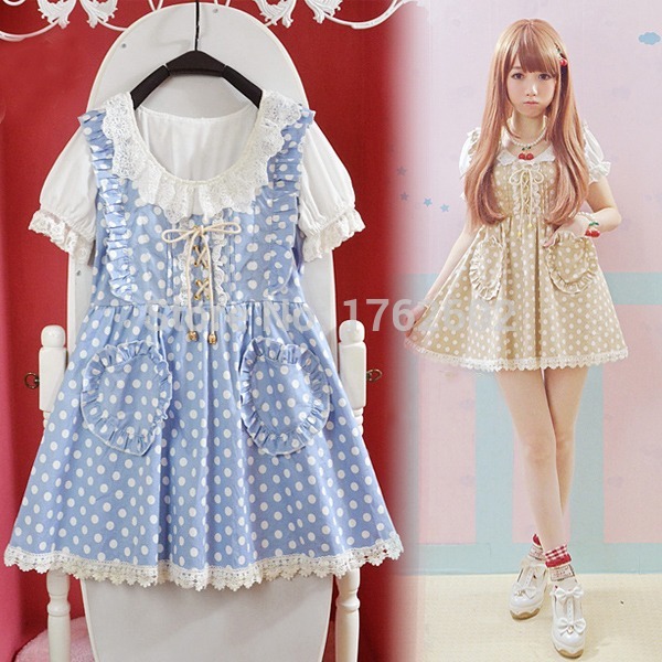 Kawaii-Girls-Lolita-Short-Sleeves-One-piece-Mini-Dress-Dots-Pockets-Cross-Tie-Cute-Lace-Trim-32329117559