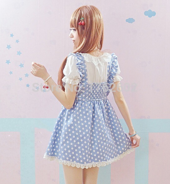 Kawaii-Girls-Lolita-Short-Sleeves-One-piece-Mini-Dress-Dots-Pockets-Cross-Tie-Cute-Lace-Trim-32329117559