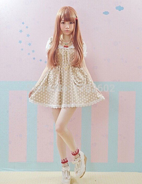 Kawaii-Girls-Lolita-Short-Sleeves-One-piece-Mini-Dress-Dots-Pockets-Cross-Tie-Cute-Lace-Trim-32329117559