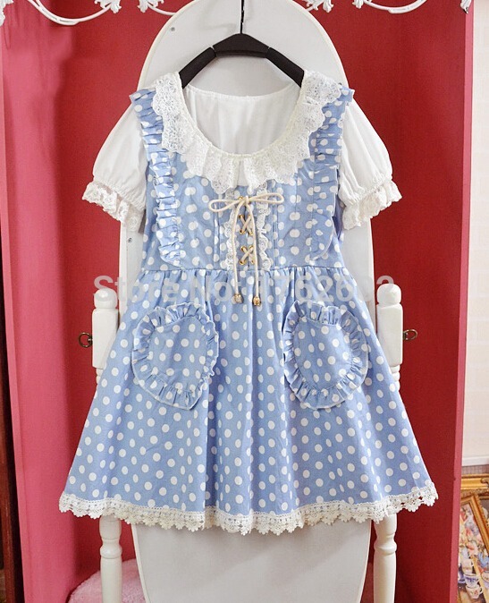 Kawaii-Girls-Lolita-Short-Sleeves-One-piece-Mini-Dress-Dots-Pockets-Cross-Tie-Cute-Lace-Trim-32329117559