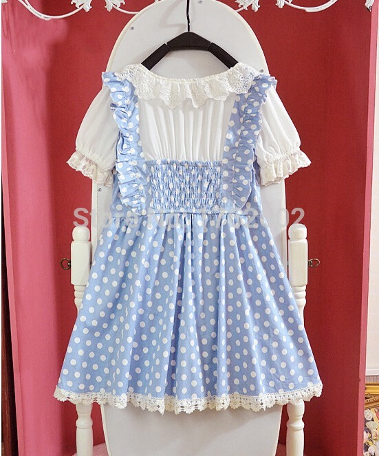 Kawaii-Girls-Lolita-Short-Sleeves-One-piece-Mini-Dress-Dots-Pockets-Cross-Tie-Cute-Lace-Trim-32329117559