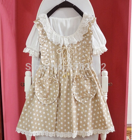 Kawaii-Girls-Lolita-Short-Sleeves-One-piece-Mini-Dress-Dots-Pockets-Cross-Tie-Cute-Lace-Trim-32329117559