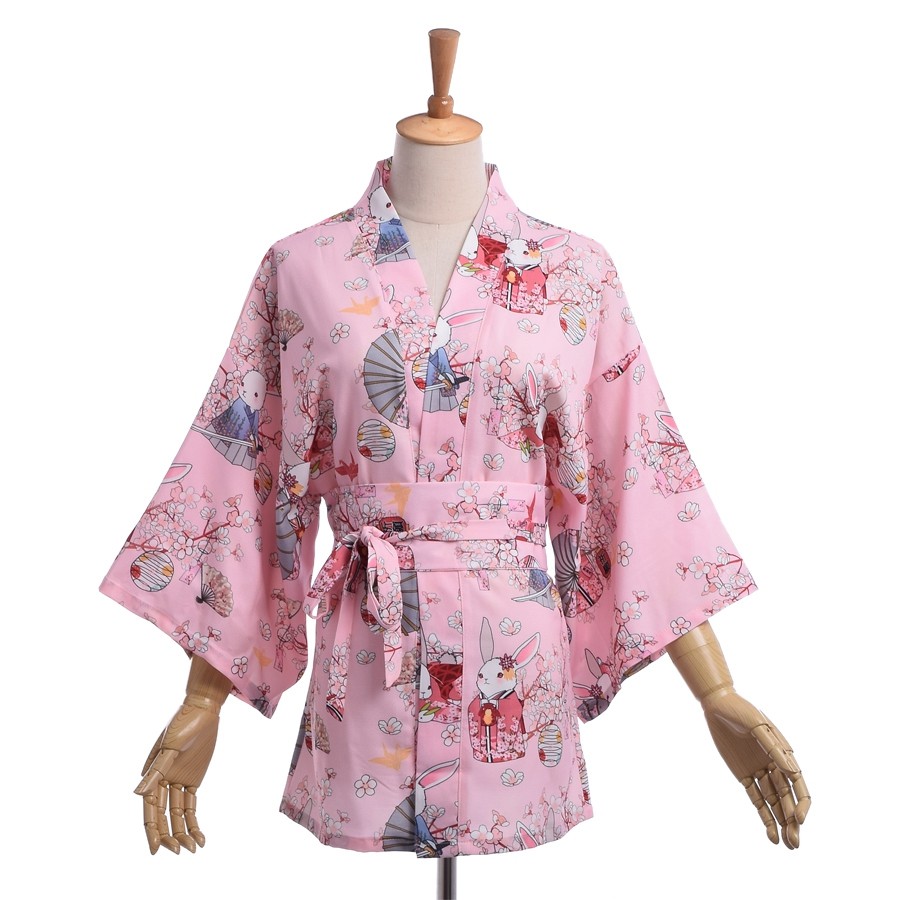 Kawaii-Japanese-Yukata-Kimono-Cute-Women-Onegai-Usagi-Praying-Rabbit-Matsuri-Blossom-Bunny-Coat--Jac-32651132729