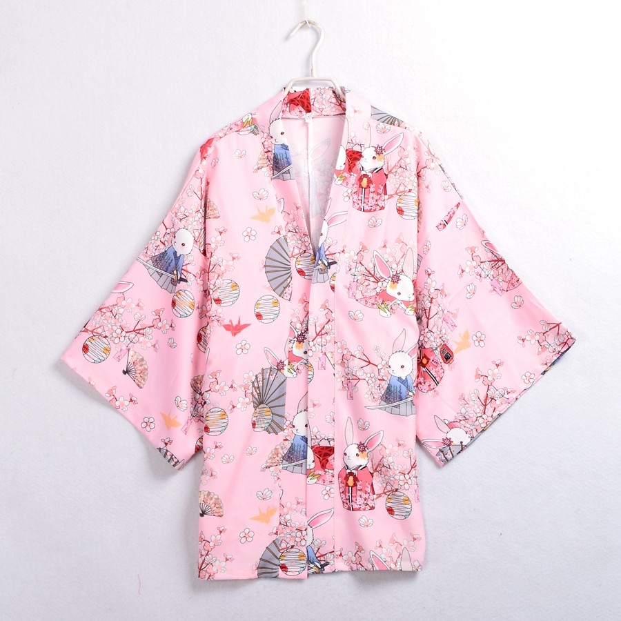 Kawaii-Japanese-Yukata-Kimono-Cute-Women-Onegai-Usagi-Praying-Rabbit-Matsuri-Blossom-Bunny-Coat--Jac-32651132729