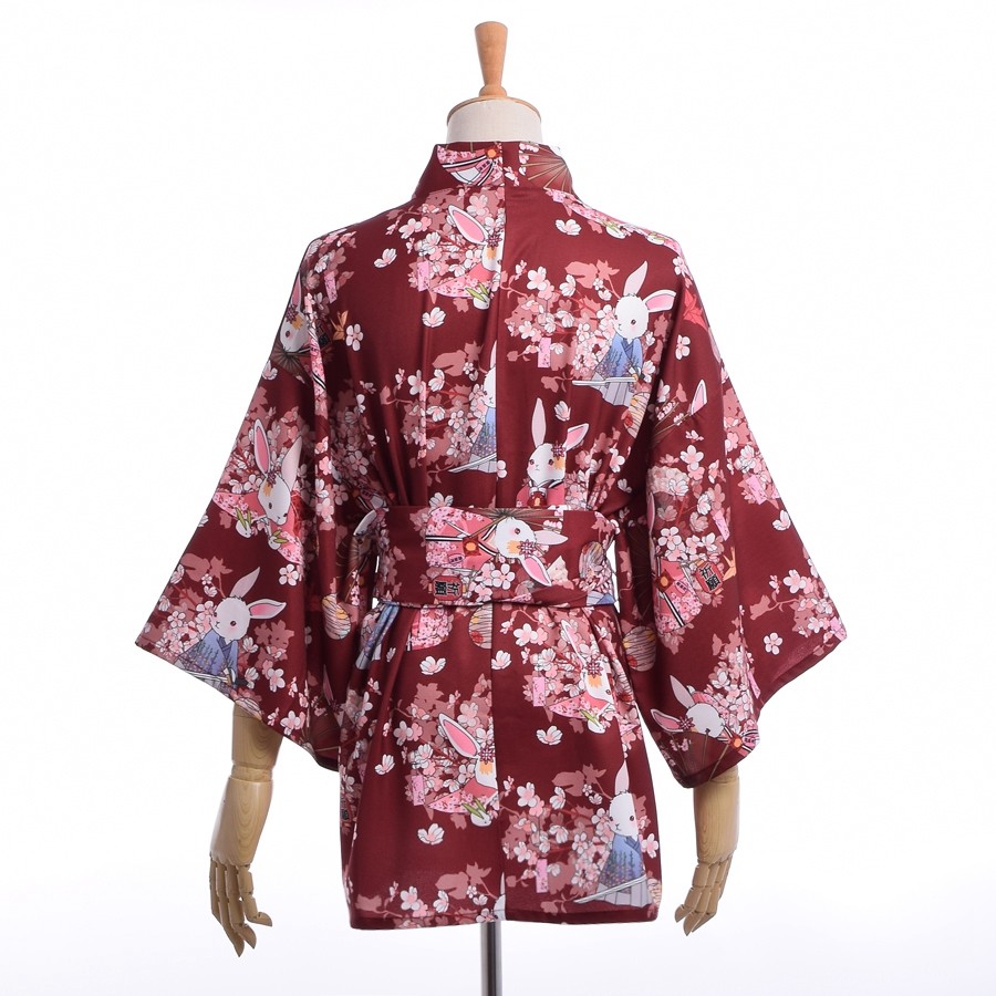 Kawaii-Japanese-Yukata-Kimono-Cute-Women-Onegai-Usagi-Praying-Rabbit-Matsuri-Blossom-Bunny-Coat--Jac-32651132729