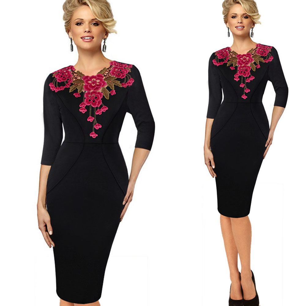 Kenancy-2XL-2-Colors-Elegant-Applique-Red-Flower-Embroidery-V-neck-Office-Dress-Women-34-Sleeve-Shea-32777274843