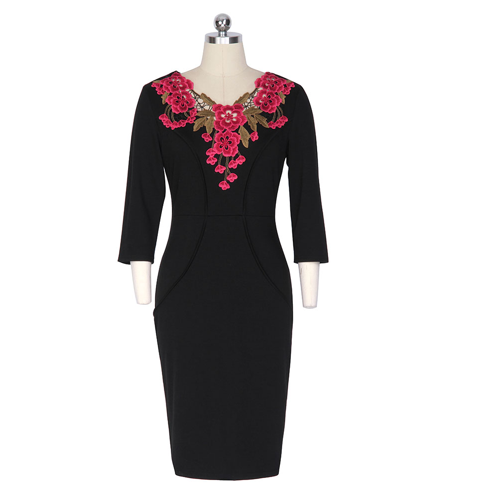 Kenancy-2XL-2-Colors-Elegant-Applique-Red-Flower-Embroidery-V-neck-Office-Dress-Women-34-Sleeve-Shea-32777274843