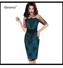 Kenancy-2XL-Retro-Floral-Black-Lace-Patchwork-Pencil-Dress-Women-Party-amp-Office-See-Thru-Short-Sle-32700762114