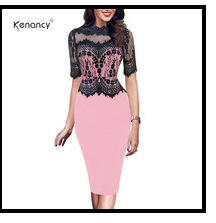 Kenancy-2XL-Retro-Floral-Black-Lace-Patchwork-Pencil-Dress-Women-Party-amp-Office-See-Thru-Short-Sle-32700762114