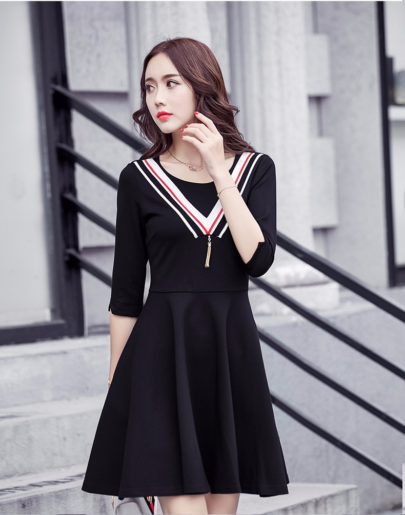 Korea-OL-Black-Dress-Sailor-Strip-Tassel-Half-Sleeves-Lady-Spring-Black-Dress-2017-Spring-College-Gi-32778896301