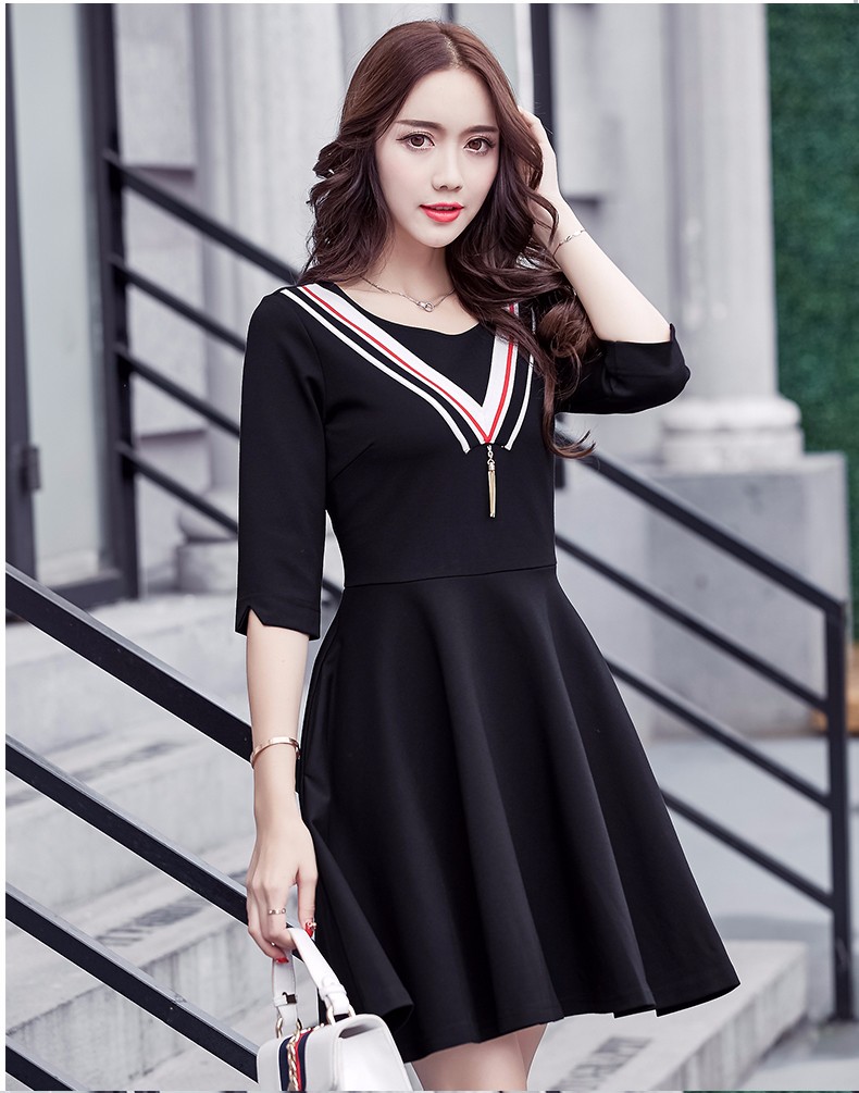 Korea-OL-Black-Dress-Sailor-Strip-Tassel-Half-Sleeves-Lady-Spring-Black-Dress-2017-Spring-College-Gi-32778896301