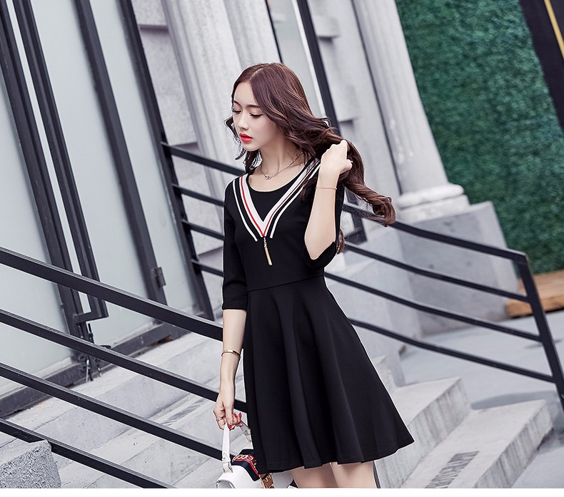 Korea-OL-Black-Dress-Sailor-Strip-Tassel-Half-Sleeves-Lady-Spring-Black-Dress-2017-Spring-College-Gi-32778896301