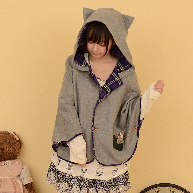 Korea-Style-Autumn-Winter-Women-Girl-Wool-Hooded-Coat-Bomber-Jacket-Cat-Ear-Loose-Cloak-Poncho-Bat-S-32729531129