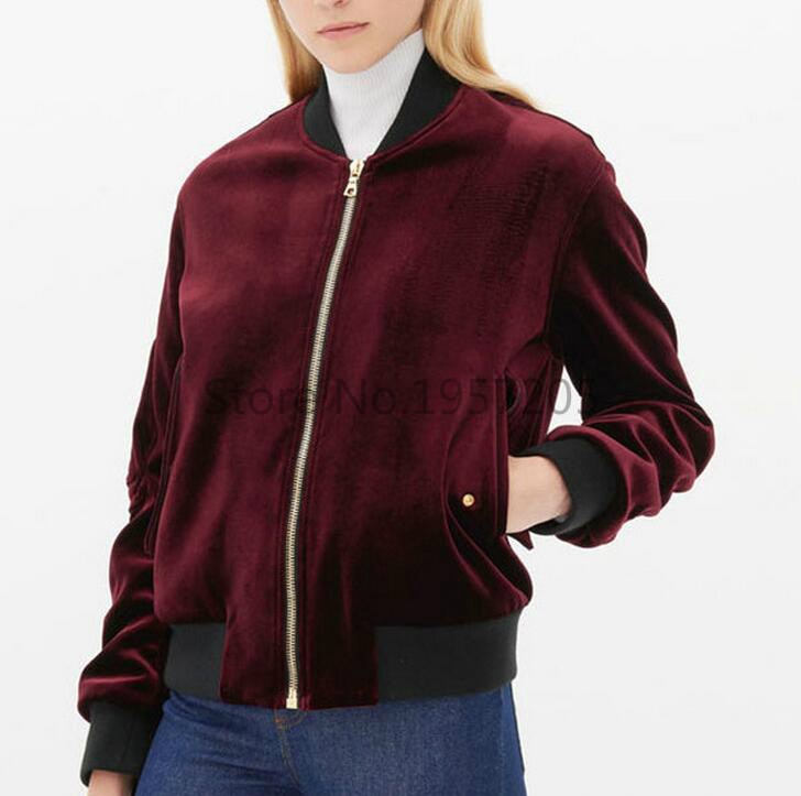 Ladies-Vintage-Wine-Red-Velvet-Bomber-Jacket-Ruched-Sleeve-Arm-Pocket-Stand-Shawl-Collar-Pilot-Coats-32687177421