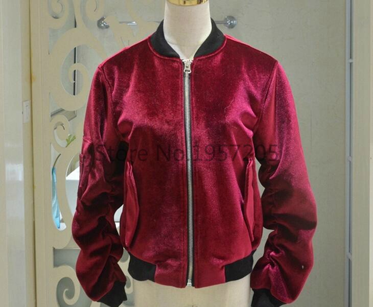 Ladies-Vintage-Wine-Red-Velvet-Bomber-Jacket-Ruched-Sleeve-Arm-Pocket-Stand-Shawl-Collar-Pilot-Coats-32687177421