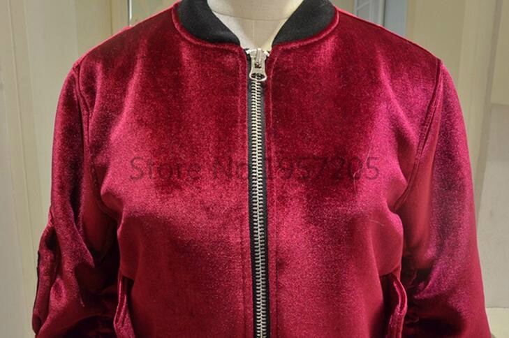 Ladies-Vintage-Wine-Red-Velvet-Bomber-Jacket-Ruched-Sleeve-Arm-Pocket-Stand-Shawl-Collar-Pilot-Coats-32687177421