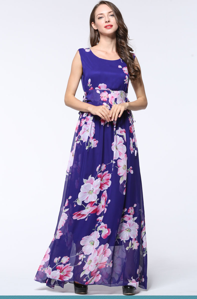 Large Size Maxi Long Chiffon Dress Summer Style Women Boho Elegant Flower Print High Wait