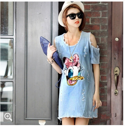 LinsDenim-Denim-Dress-Women-Sequins-Patchwork-Cartoon-Denim-Dress-Free-Size-Hole-Loose-Short-Sleeved-32346677044