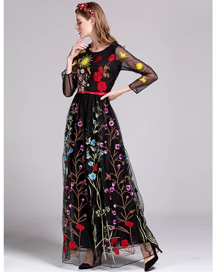 Luxury-New-Arrival-2018-Spring-Women39s-O-Neck-Long-Sleeves-Embroidery-Layered-Floral-Maxi-Runway-Dr-32716850541