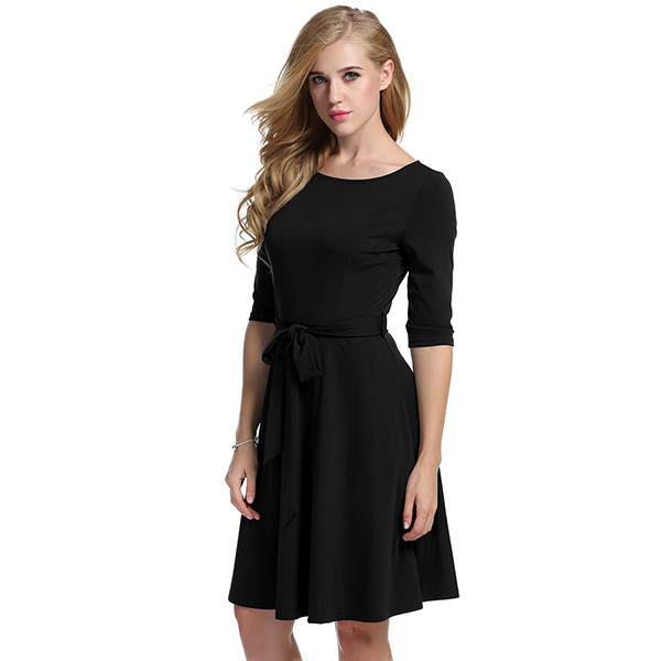 Meaneor-New-Women-Autumn-Dress-with-Cloth-Belt-Casual-O-Neck-Half-sleeve-Vestidos-Solid-Knee-Length--32736476283