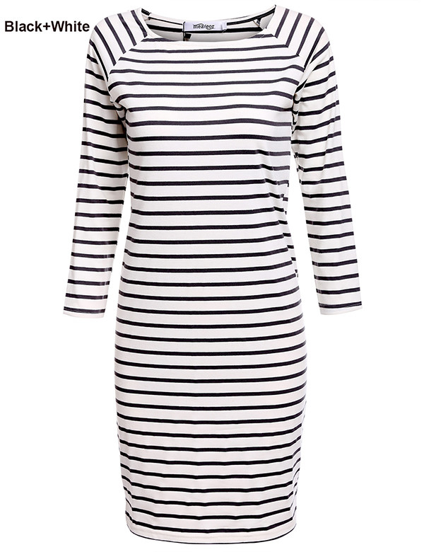 Meaneor-Women-Autumn-Striped-Dress-Bodycon-34-Sleeve-Casual-Slim-Pencil-Clothing-Black-White-Gray-wh-32722389853