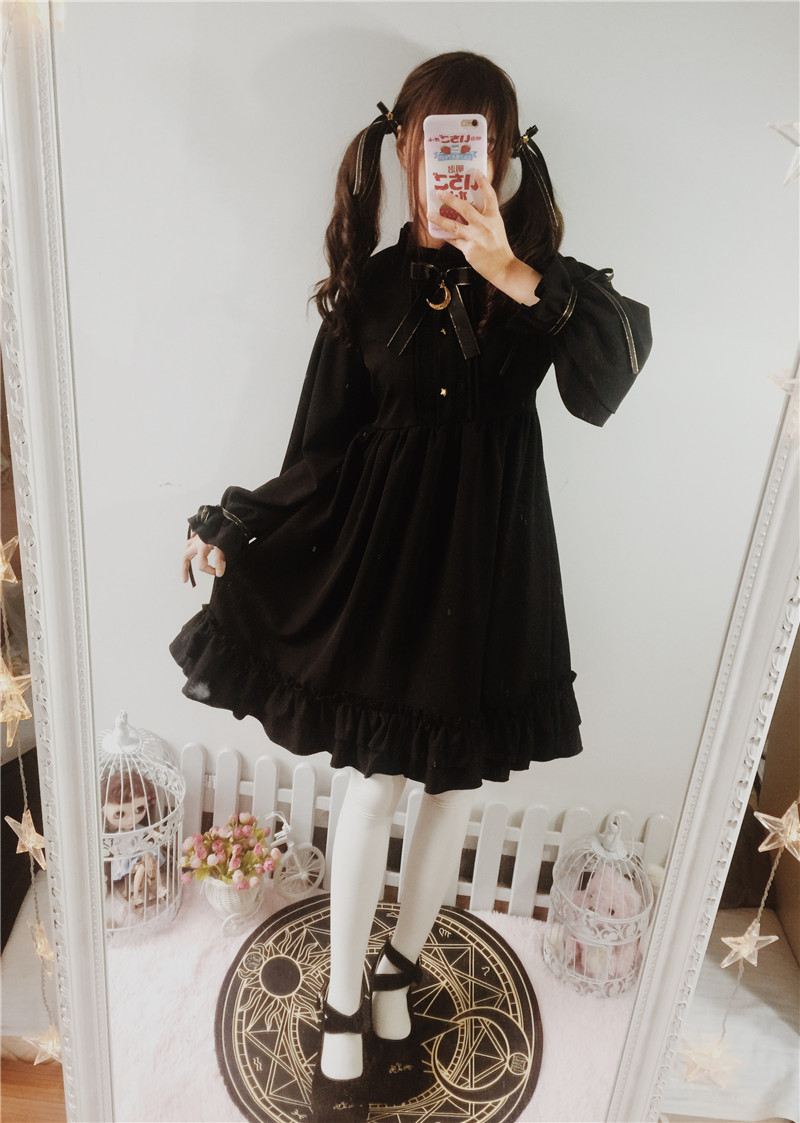 Moonlight-Castle-Cute-Women39s-Color-Black-Gothic-Lolita-Dress-Ribbon-Bow-Thick-Chiffon-Round-Collar-32787468743